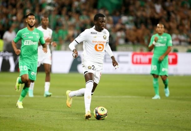 Timothy Weah of Lille during the Ligue 1 match between AS Saint Etienne and Lille OSC at Stade Geoffroy-Guichard on August 21, 2021 in Saint-Etienne,...