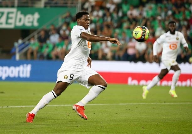 Jonathan David of Lille during the Ligue 1 match between AS Saint Etienne and Lille OSC at Stade Geoffroy-Guichard on August 21, 2021 in...
