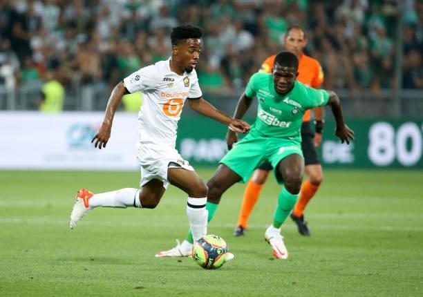 Angel Gomes of Lille during the Ligue 1 match between AS Saint Etienne and Lille OSC at Stade Geoffroy-Guichard on August 21, 2021 in Saint-Etienne,...