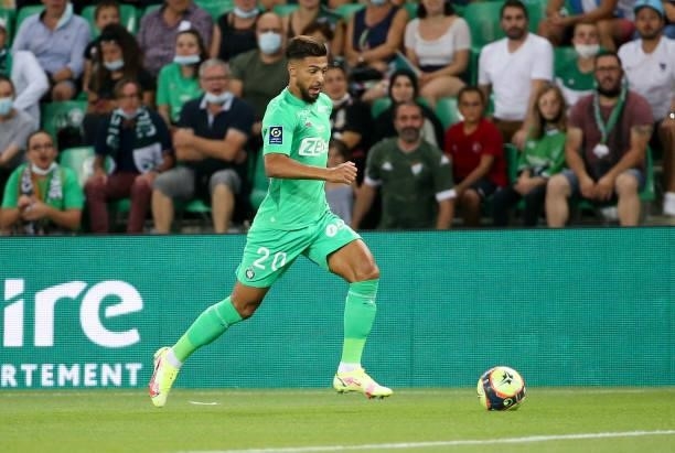 Denis Bouanga of Saint-Etienne during the Ligue 1 match between AS Saint Etienne and Lille OSC at Stade Geoffroy-Guichard on August 21, 2021 in...