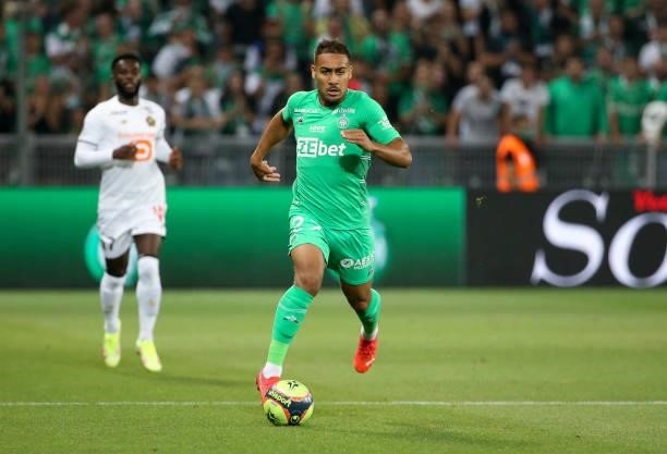 Ivann Macon of Saint-Etienne during the Ligue 1 match between AS Saint Etienne and Lille OSC at Stade Geoffroy-Guichard on August 21, 2021 in...