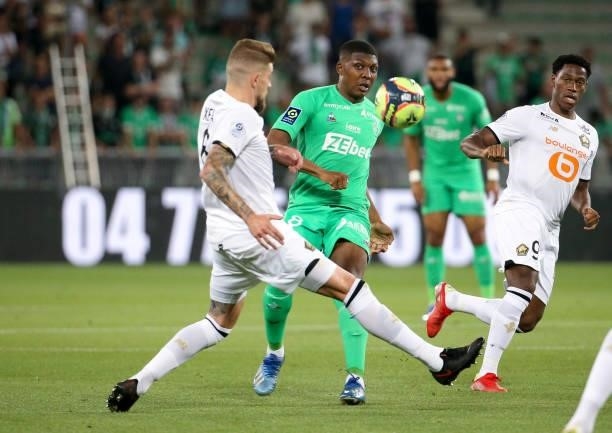 Zaydou Youssouf of Saint-Etienne during the Ligue 1 match between AS Saint Etienne and Lille OSC at Stade Geoffroy-Guichard on August 21, 2021 in...