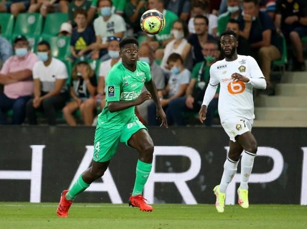 Saidou Sow of Saint-Etienne during the Ligue 1 match between AS Saint Etienne and Lille OSC at Stade Geoffroy-Guichard on August 21, 2021 in...