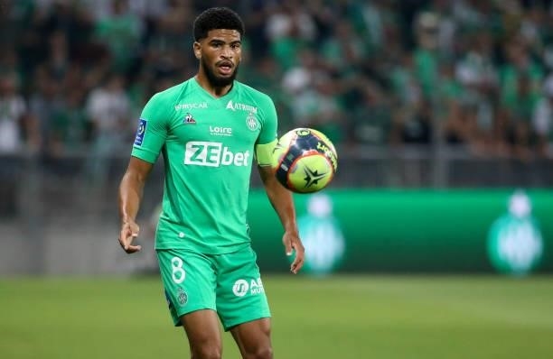 Mahdi Camara of Saint-Etienne during the Ligue 1 match between AS Saint Etienne and Lille OSC at Stade Geoffroy-Guichard on August 21, 2021 in...