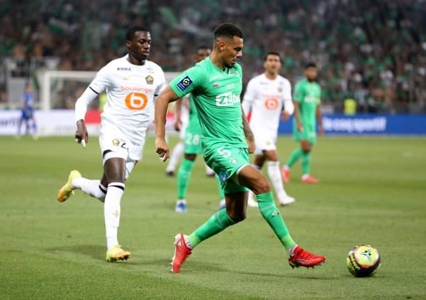 Timothee Kolodziejczak of Saint-Etienne during the Ligue 1 match between AS Saint Etienne and Lille OSC at Stade Geoffroy-Guichard on August 21, 2021...