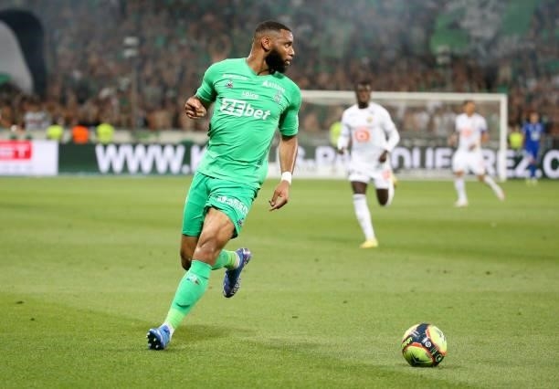 Harold Moukoudi of Saint-Etienne during the Ligue 1 match between AS Saint Etienne and Lille OSC at Stade Geoffroy-Guichard on August 21, 2021 in...
