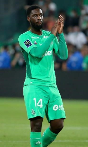 Jean-Philippe Krasso of Saint-Etienne salutes the supporters following the Ligue 1 match between AS Saint Etienne and Lille OSC at Stade...