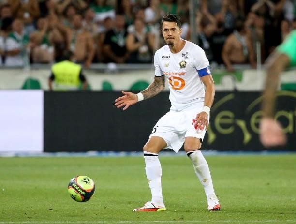 Jose Fonte of Lille during the Ligue 1 match between AS Saint Etienne and Lille OSC at Stade Geoffroy-Guichard on August 21, 2021 in Saint-Etienne,...
