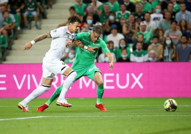 Jose Fonte of Lille, Romain Hamouma of Saint-Etienne during the Ligue 1 match between AS Saint Etienne and Lille OSC at Stade Geoffroy-Guichard on...