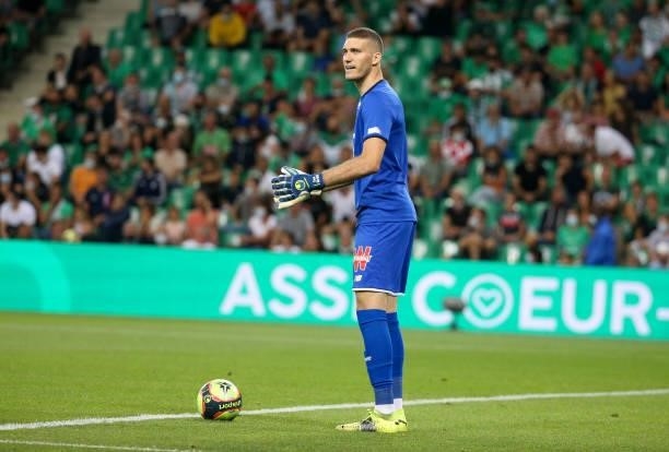 Goalkeeper of Lille Ivo Grbic during the Ligue 1 match between AS Saint Etienne and Lille OSC at Stade Geoffroy-Guichard on August 21, 2021 in...