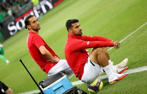 Mehmet Zeki Celik, Yusuf Yazici of Lille during the warm up before the Ligue 1 match between AS Saint Etienne and Lille OSC at Stade...