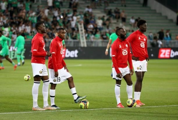 Cheikh Niasse, Isaac Lihadji, Jonathan Ikone, Amadou Onana of Lille during the warm up before the Ligue 1 match between AS Saint Etienne and Lille...