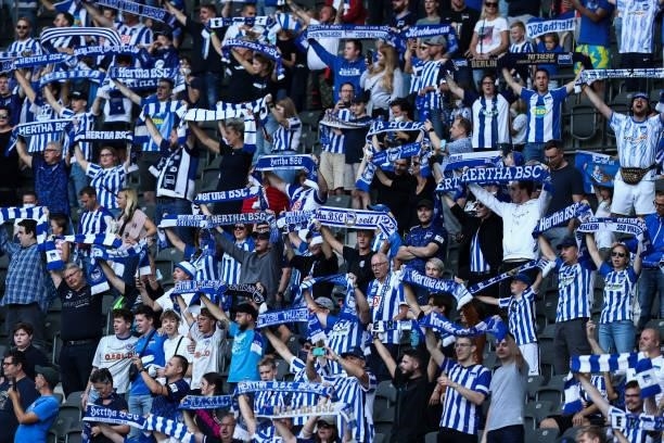 Fans of Hertha prior to the Bundesliga match between Hertha BSC and VfL Wolfsburg at Olympiastadion on August 21, 2021 in Berlin, Germany.