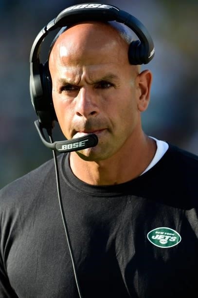 Head coach Robert Saleh of the New York Jets looks on against the Green Bay Packers in the second half of a preseason game at Lambeau Field on August...