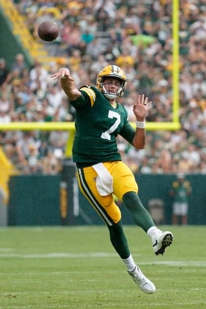 Kurt Benkert of the Green Bay Packers throws a pass against the New York Jets in the first half of a preseason game at Lambeau Field on August 21,...