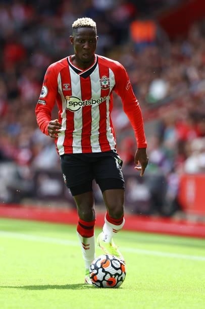 Moussa Djenepo of Southampton during the Premier League match between Southampton and Manchester United at St Mary's Stadium on August 22, 2021 in...