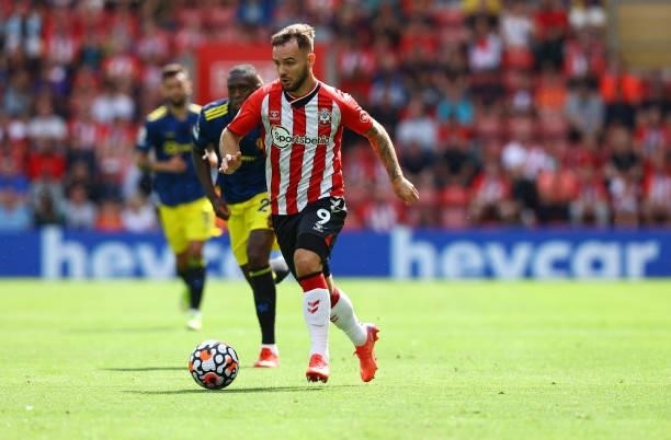 Adam Armstrong of Southampton during the Premier League match between Southampton and Manchester United at St Mary's Stadium on August 22, 2021 in...