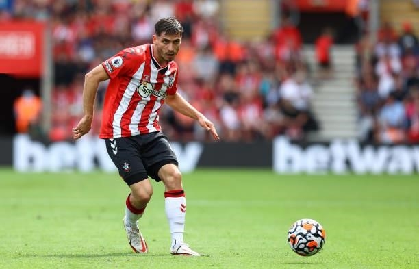 Romain Perraud of Southampton during the Premier League match between Southampton and Manchester United at St Mary's Stadium on August 22, 2021 in...