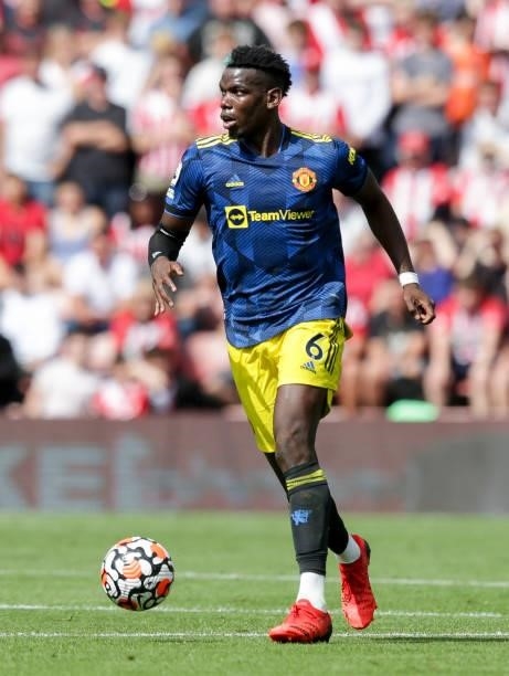 Paul Pogba of Manchester United during the Premier League match between Southampton and Manchester United at St Mary's Stadium on August 22, 2021 in...