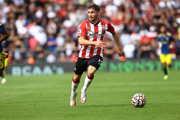 Romain Perraud of Southampton during the Premier League match between Southampton and Manchester United at St Mary's Stadium on August 22, 2021 in...