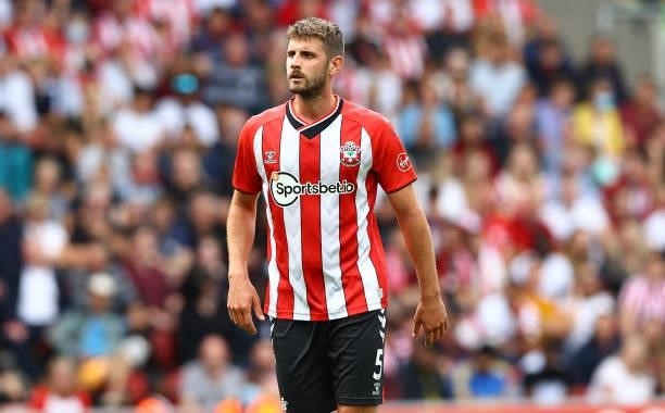 Jack Stephens of Southampton during the Premier League match between Southampton and Manchester United at St Mary's Stadium on August 22, 2021 in...