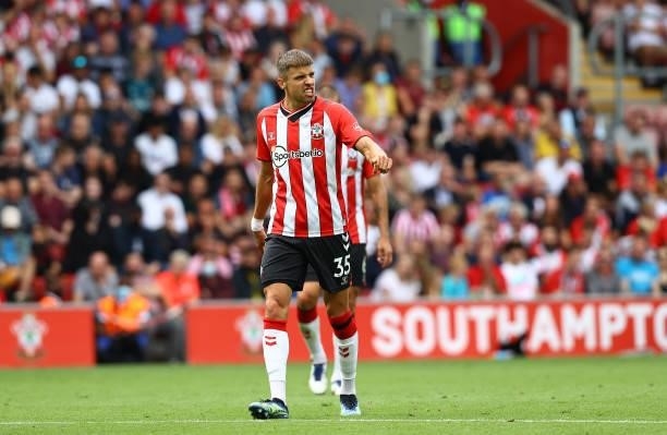 Jan Bednarek of Southampton during the Premier League match between Southampton and Manchester United at St Mary's Stadium on August 22, 2021 in...
