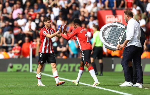 Romain Perraud of is substituted for Kyle Walker-Peters during the Premier League match between Southampton and Manchester United at St Mary's...