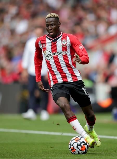 Moussa Djenepo of Southampton during the Premier League match between Southampton and Manchester United at St Mary's Stadium on August 22, 2021 in...