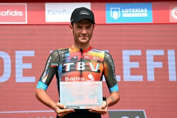 Damiano Caruso of Italy and Team Bahrain Victorious celebrates winning the stage on the podium ceremony after the 76th Tour of Spain 2021, Stage 9 a...