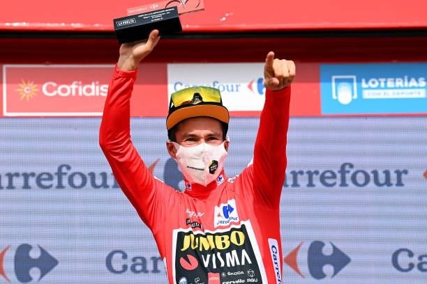 Primoz Roglic of Slovenia and Team Jumbo - Visma celebrates winning the red leader jersey on the podium ceremony after the 76th Tour of Spain 2021,...