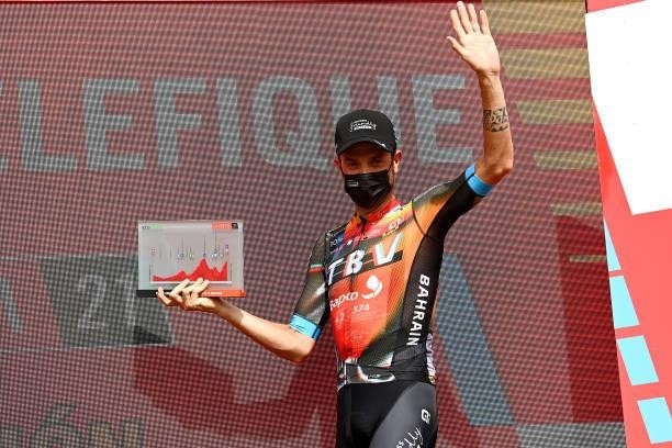 Damiano Caruso of Italy and Team Bahrain Victorious celebrates winning the stage on the podium ceremony after the 76th Tour of Spain 2021, Stage 9 a...