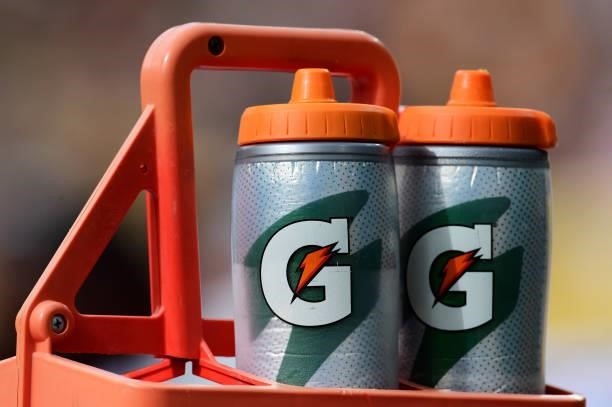 Detailed view of Gatorade bottles used by players on the New York Jets bench in the first half of a preseason game against the Green Bay Packers at...