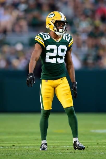 Ka'dar Hollman of the Green Bay Packers in action against the New York Jets in the second half of a preseason game at Lambeau Field on August 21,...