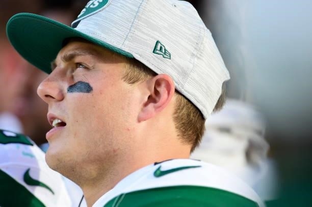 Zach Wilson of the New York Jets looks on from the sidelines against the Green Bay Packers in the second half of a preseason game at Lambeau Field on...