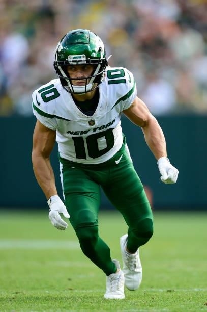 Braxton Berrios of the New York Jets in action against the Green Bay Packers in the second half of a preseason game at Lambeau Field on August 21,...
