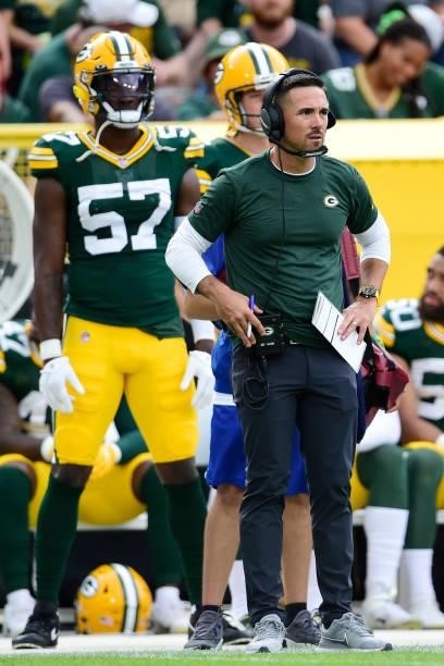 Head coach Matt LaFleur of the Green Bay Packers stands on the sidelines in the first half of a preseason game against the New York Jets at Lambeau...