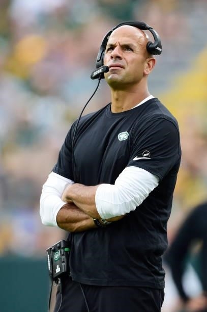 Head coach Robert Saleh of the New York Jets looks on against the Green Bay Packers in the first half of a preseason game at Lambeau Field on August...