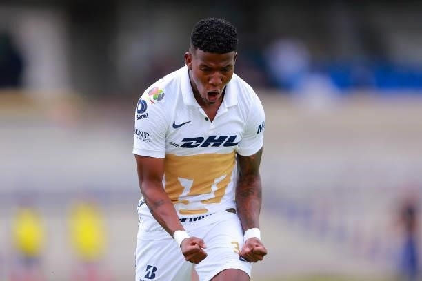 Washington Bryan Corozo of Pumas celebrates after scoring his team's first goal during the 6th round match between Pumas UNAM and Puebla as part of...