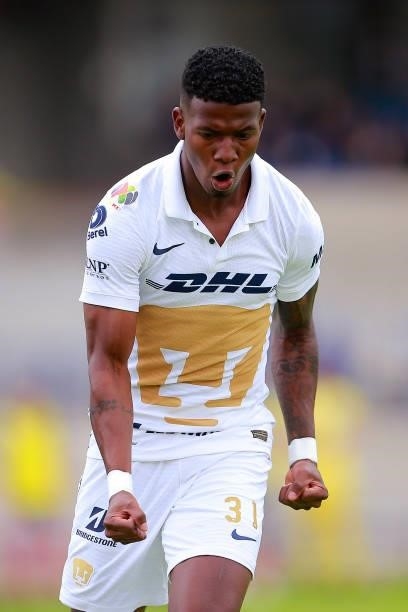 Washington Bryan Corozo of Pumas celebrates after scoring his team's first goal during the 6th round match between Pumas UNAM and Puebla as part of...