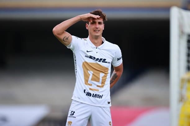 Juan Dinenno of Pumas UNAM celebrates after scoring the second goal of his team during the 6th round match between Pumas UNAM and Puebla as part of...