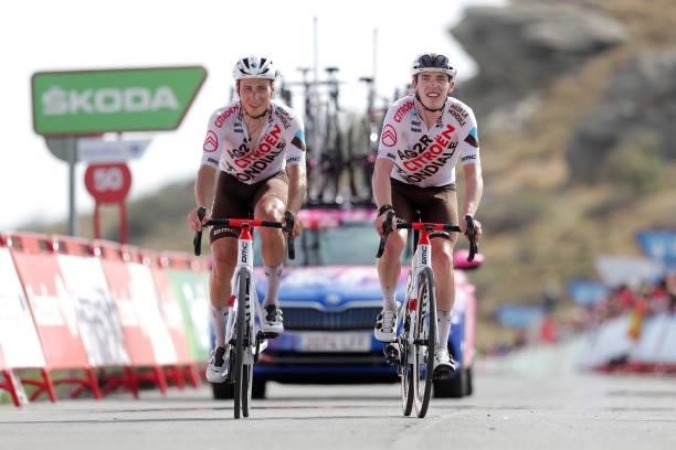 Nicolas Prodhomme of France and Stan Dewulf of Belgium and AG2R Citröen Team cross the finishing line during the 76th Tour of Spain 2021, Stage 9 a...
