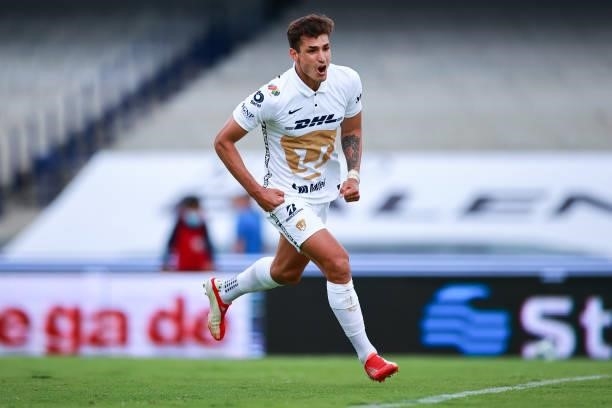 Juan Dinenno of Pumas UNAM celebrates after scoring the second goal of his team during the 6th round match between Pumas UNAM and Puebla as part of...