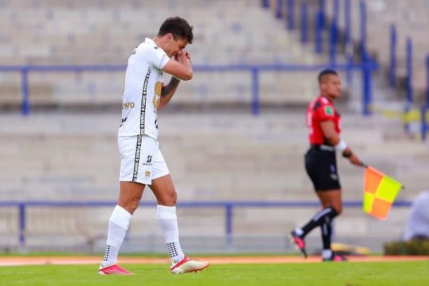 Juan Ignacio Dinenno of Pumas celebrates after scoring his team's second goal during the 6th round match between Pumas UNAM and Puebla as part of the...