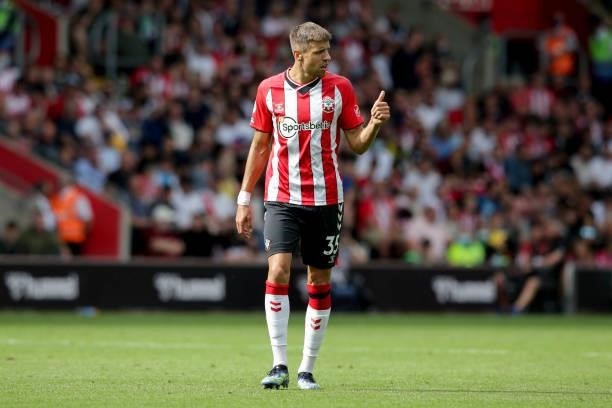 Jan Bednarek of Southampton during the Premier League match between Southampton and Manchester United at St Mary's Stadium on August 22, 2021 in...