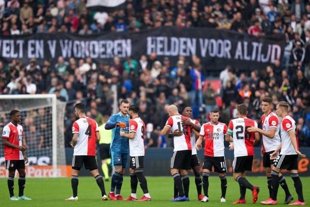 Feyenoord players during the Dutch Eredivisie match between Feyenoord and Go Ahead Eagles at Stadion Feijenoord De Kuip on August 22, 2021 in...