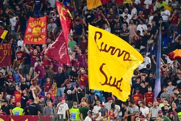 Roma fans during the Serie A match between AS Roma and ACF Fiorentina at Stadio Olimpico on August 22, 2021 in Rome, Italy.