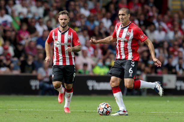 Adam Armstrong and Oriol Romeu of Southampton during the Premier League match between Southampton and Manchester United at St Mary's Stadium on...