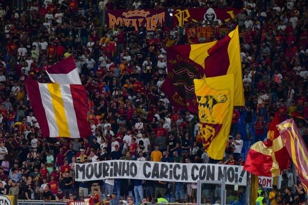 Roma fans for Josè Mourinho during the Serie A match between AS Roma and ACF Fiorentina at Stadio Olimpico on August 22, 2021 in Rome, Italy.