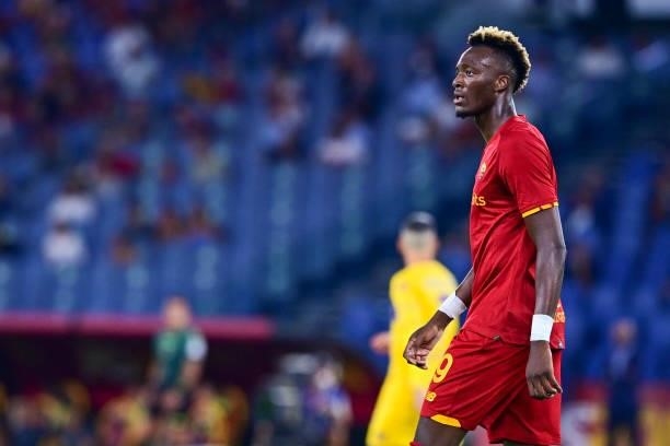 Tammy Abraham during the Serie A match between AS Roma and ACF Fiorentina at Stadio Olimpico on August 22, 2021 in Rome, Italy.