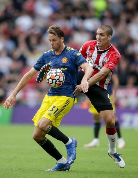 Oriol Romeu of Southampton closes down Nemanja Matic of Manchester United during the Premier League match between Southampton and Manchester United...